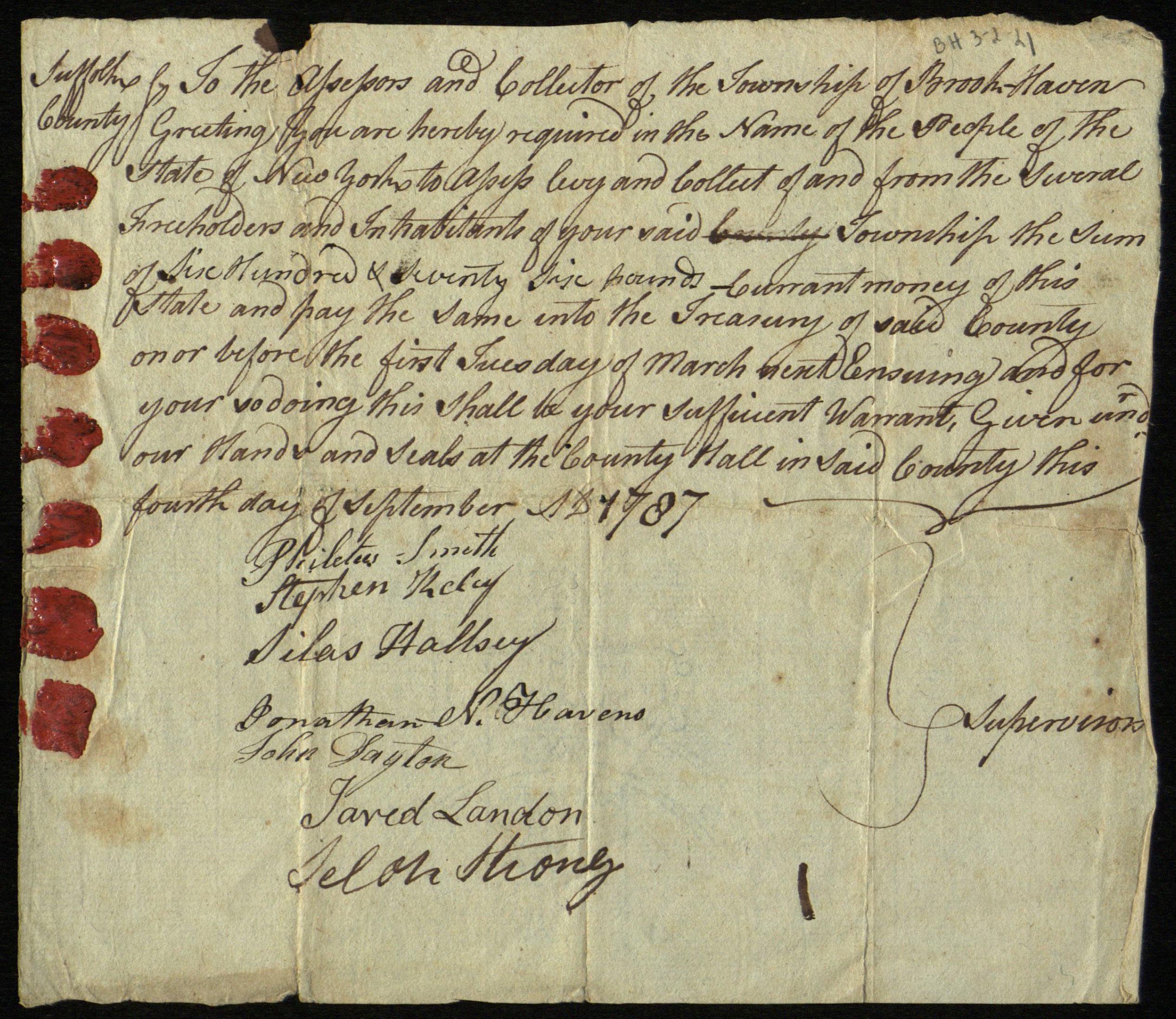 Collection of Taxes in Brookhaven, N.Y., 1787