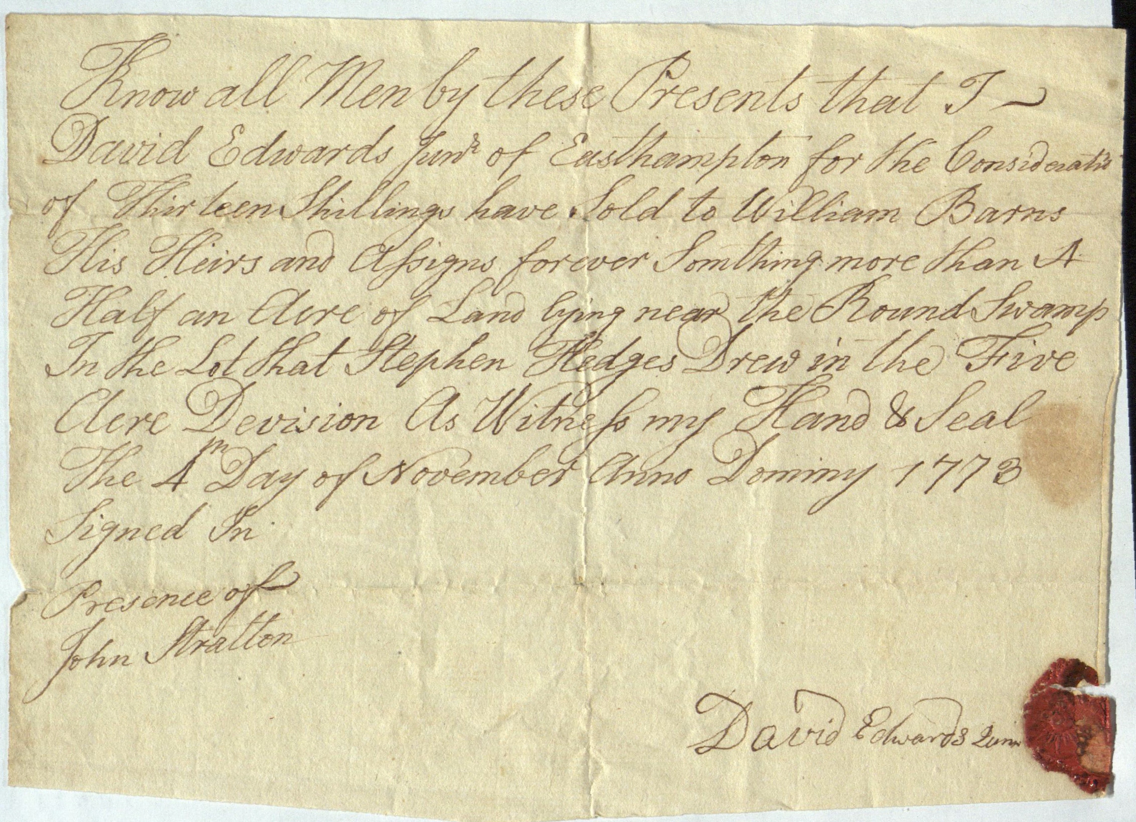 Deed from David Edwards to William Barns, East Hampton, N.Y., 1773.